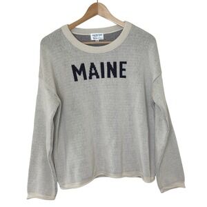 Town Pride Maine Crew Neck Sweater Cream Navy Blue Knit Made in USA Size L